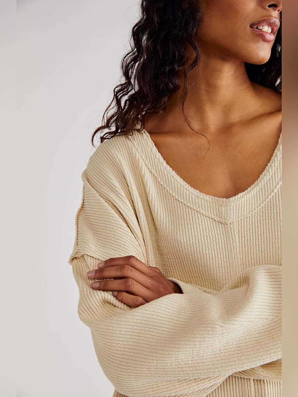 Free People Easy V-Neck Sweatshirt Cream Waffle Knit SZ XS Oversized